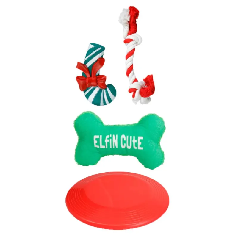 Lot 4 Jouets Noël Chien Peluche Pain d'Épice Corde Disque Vol - Ducatillon