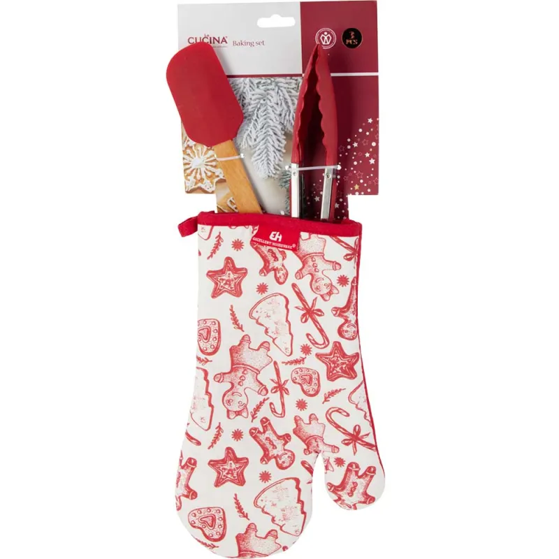 Manique Coton 17x27cm + Spatule + Pince Cuisine Noël - Ducatillon