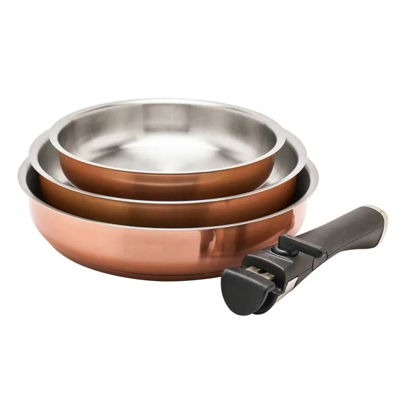 Set 3 poêles acier inox 20/24/26cm + manche amovible 496-816g - Pradel France