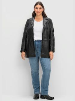 Veste en cuir, couleur noir, taille 46, marque Sheego - helline