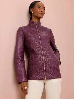 Veste en cuir nappa avec col montant et poches décoratives, rouge foncé uni, taille 52, Creation L - helline