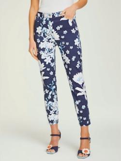Pantalon imprimé coupe skinny, coleur bleu nuit-blanc - HELLINE