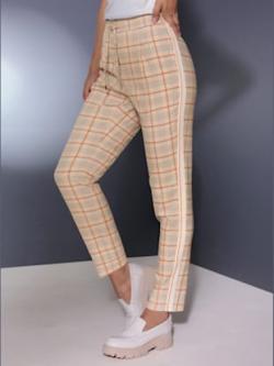 Pantalon laine/polyester 35% laine, coleur sable-sésame à carreaux - HELLINE