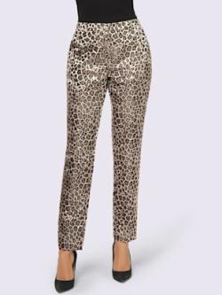 Pantalon plissé 15% soie, coleur sésame-taupe foncé à motifs - HELLINE