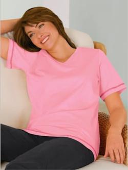 T-shirt femme confortable liseré manches et ourlet, couleur rose, taille 52 - helline
