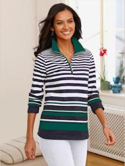 Sweatshirt pur coton, coleur marine-vert foncé à rayures - HELLINE