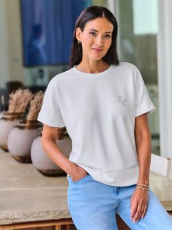 Sweatshirt à encolure ronde avec mancherons et logo décoratif, couleur : couleur ivoire clair uni, taille 42, marque Rick Cardona, 50% modal;44%