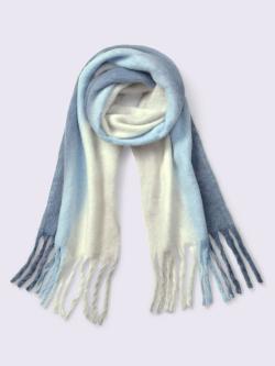 Écharpe moelleuse avec rayures et longues franges, couleur : bleu foncé à motifs, taille 0, 100% polyester - helline