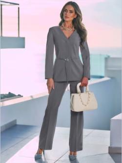 Tailleur pantalon avec ceinture à boucle décorative, couleur gris, taille 44, marque Ashley Brooke - helline