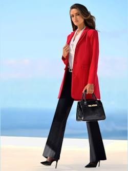 Blazer long col à revers élégant, couleur rouge, taille 36, marque Ashley Brooke - helline