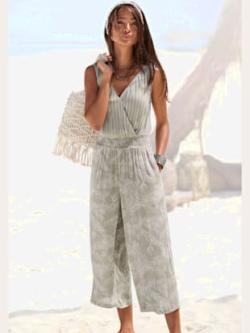 Combinaison col v chevauchant avec bouton-pression, coleur vert jonc-crème imprimé - HELLINE