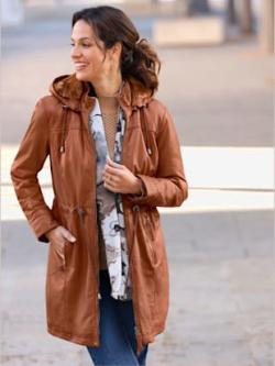 Veste en cuir capuche amovible avec empiècement imitation fourrure, couleur ambre - HELLINE