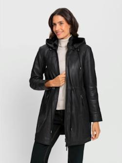 Veste en cuir capuche amovible avec empiècement imitation fourrure, couleur noir - HELLINE
