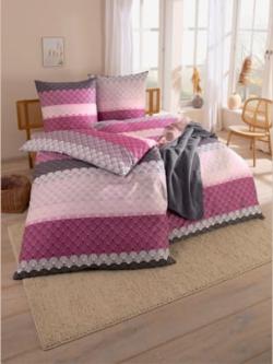 Linge de lit flanelle fine douce, coleur violet-rose à rayures - HELLINE