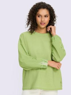 Sweatshirt effet délavé avec encolure ronde et manches à bords-côtes, couleur : vert clair uni, taille 38, marque Linea Tesini, 82% coton;18%