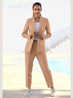 Blazer long tendance sans revers, couleur sable - HELLINE