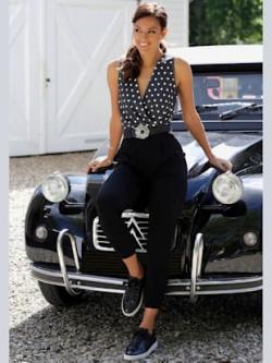 Combinaison col v chevauchant, coleur noir-crème imprimé - HELLINE