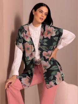 Gilet cachemire pur cachemire, coleur graphite-fuchsia imprimé - HELLINE