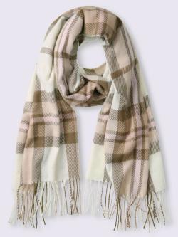 Écharpe à motif à carreaux avec franges et tissu doux, couleur : couleur ivoire clair à motifs, taille 0, 100% polyester - helline