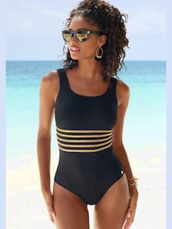 Maillot de bain couleur unie avec détails couleur or, couleur noir, taille 54, marque LASCANA - helline