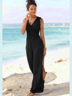 Combinaison col v effet cache-cœur devant et au dos, couleur noir, taille 46, marque LASCANA - helline