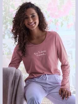 Haut de pyjama t-shirt à manches longues s.oliver avec imprimé devant, couleur : rose clair uni, taille 34/36, marque s.Oliver, 50% coton;50% viscose