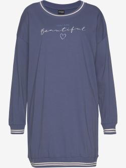 Chemise de nuit courte avec finitions côtelées rayées, couleur : bleu moyen uni, taille 34/36, marque Vivance Dreams by Lascana, 100% coton - helline
