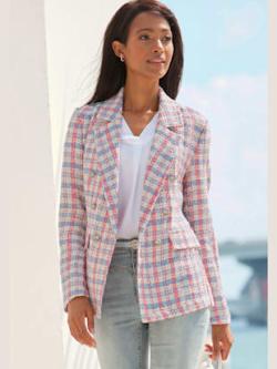 Blazer court col à revers tendance, couleur crème-bleu-rose à carreaux - HELLINE