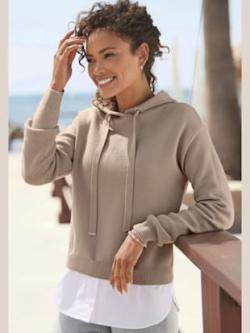 Pull à capuche capuche à coulisse, coleur beige - HELLINE