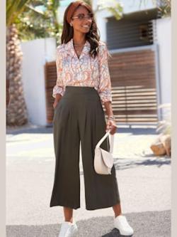 Jupe culotte large ceinture avec élastique au dos, coleur kaki - HELLINE