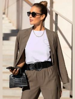 Blazer long blazer décontracté à fermeture, couleur kaki - HELLINE