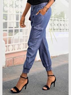 Pantalon ceinture smockée élastique et coulisse, couleur bleu, taille 44, marque LASCANA - helline