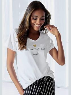 Haut de pyjama t-shirt de nuit avec imprimé devant, couleur : blanc uni, taille 38/40, marque Vivance Dreams by Lascana, 100% coton - helline