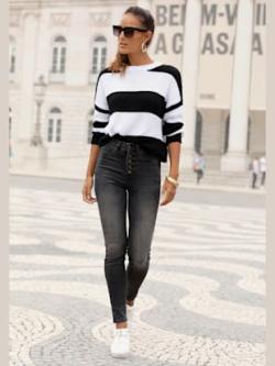 Jean taille haute jegging taille haute avec boutons, coleur noir délavé - HELLINE