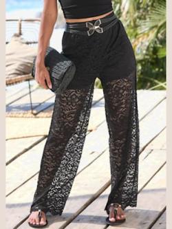 Pantalon large ceinture élastique, couleur noir, taille 42, marque LASCANA - helline