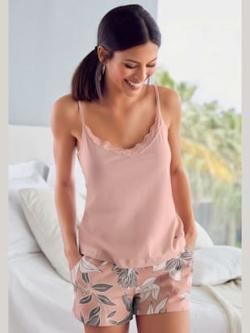 Short de nuit short large à imprimé floral, couleur : rose clair à motifs, taille 34/36, marque LASCANA, 50% coton;50% viscose - helline