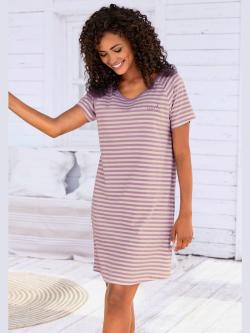 Chemise de nuit t-shirt de nuit rayé avec broderie, couleur violet, taille 54/56, marque Vivance Dreams - helline