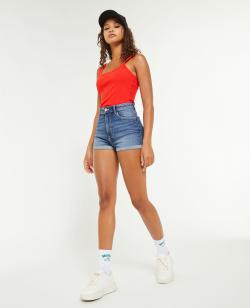 Short en jean taille haute à rebords Femme - Couleur bleu - Taille 34 - Short Femme - PIMKIE