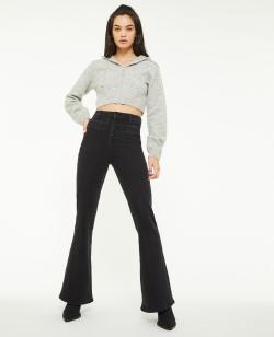 Jean flare taille haute boutons apparents Femme - Couleur noir - Taille 34 - Jean Femme - PIMKIE