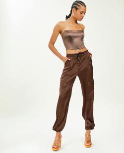 Pantalon cargo en tissu satiné Femme - Couleur marron - Taille S - Pantalon cargo Femme - PIMKIE