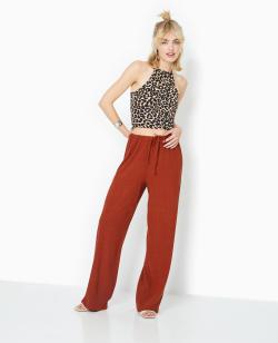 Pantalon large et droit avec taille élastiquée Femme - Couleur marron - Taille 38 - Pantalon Femme - PIMKIE