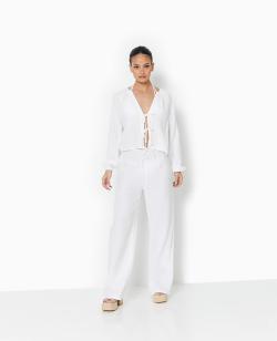Pantalon large en gaze de coton Femme - Couleur blanc - Taille S - Pantalon Femme - PIMKIE
