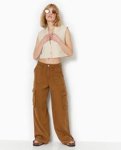Pantalon cargo en tissu fluide Tencel Femme - Couleur marron - Taille 44 - Pantalon Femme - PIMKIE