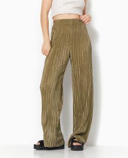 Pantalon large en tissu plissé et satiné Femme - Couleur vert - Taille M - Pantalon Femme - PIMKIE