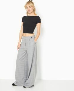 Pantalon large taille haute motif carreaux Femme - Couleur gris - Taille 36 - Femme - PIMKIE
