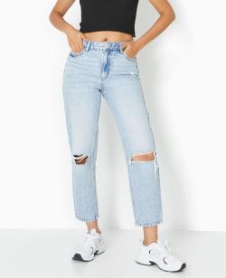 Jean mom taille haute destroy Femme - Couleur bleu - Taille 34 - Jean Femme - PIMKIE