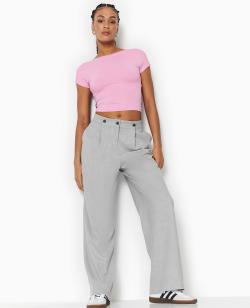 Pantalon droit avec jeu de boutonnage devant Femme - Couleur gris - Taille L - Pantalon Femme - PIMKIE
