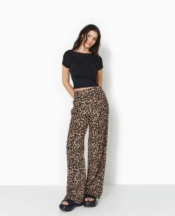 Pantalon large en maille reliéfée motif léopard Femme - Couleur marron - Taille XS - Pantalon Femme - PIMKIE