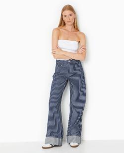 Jean baggy taille haute avec rayures et revers Femme - Couleur bleu - Taille 36 - Jean Femme - PIMKIE