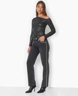 Jean droit taille basse avec clous Femme - Couleur noir - Taille 38 - Jean Femme - PIMKIE